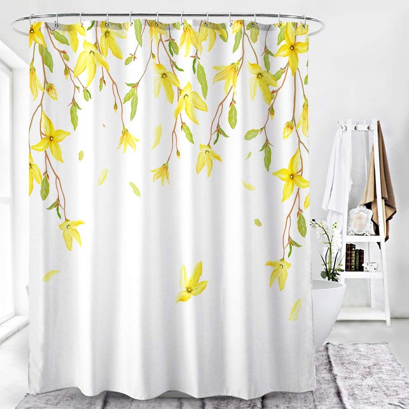 BECAN Floral Shower Curtain, Yellow Flower Spring Flowers Pattern on White Background Polyester Fabric Waterproof Layer Thickening Shower Curtain 72X72Inches - Image 2